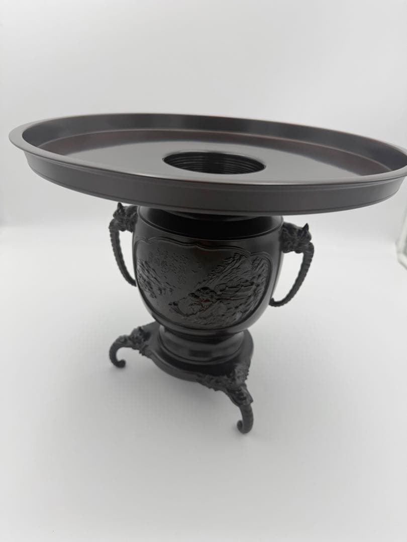 銅製 薄端 花器 尺一寸 花台付き 山水彫刻 共箱 華道具