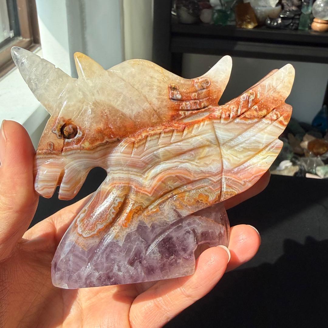 天然石アメジスト共生瑪瑙のユニコーン　置物　彫物NO.031317