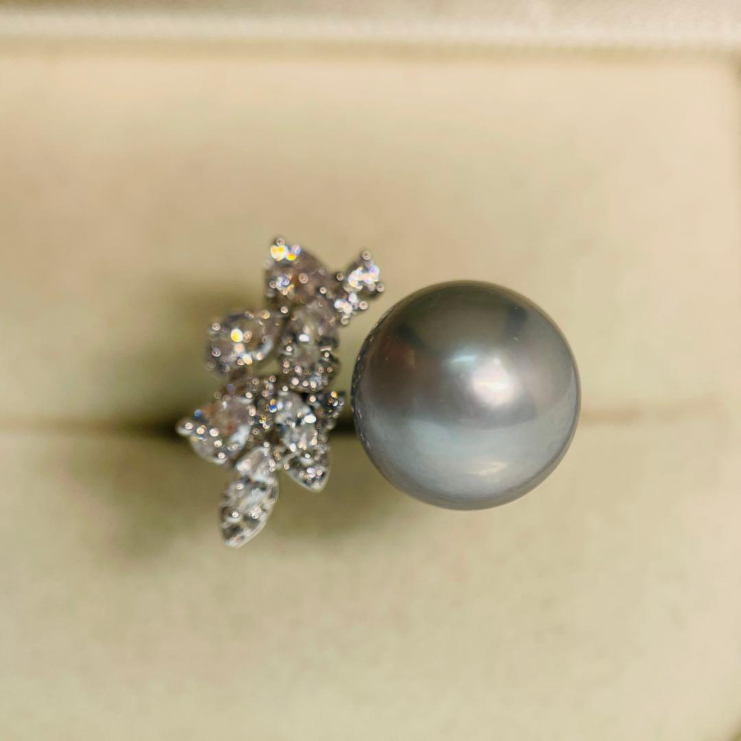 本真珠　南洋黒蝶真珠リング 指輪 タヒチ パール　12.5mm プラチナグレー