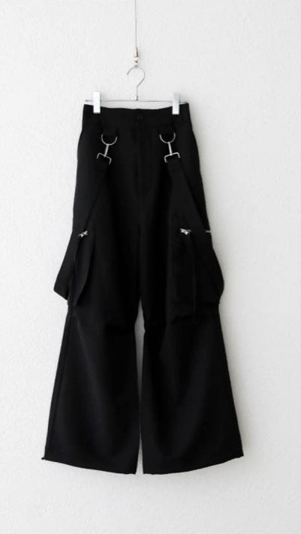 ルーズシルエットハイウエストサスペンダーZIPポケットデニムカーゴパンツ