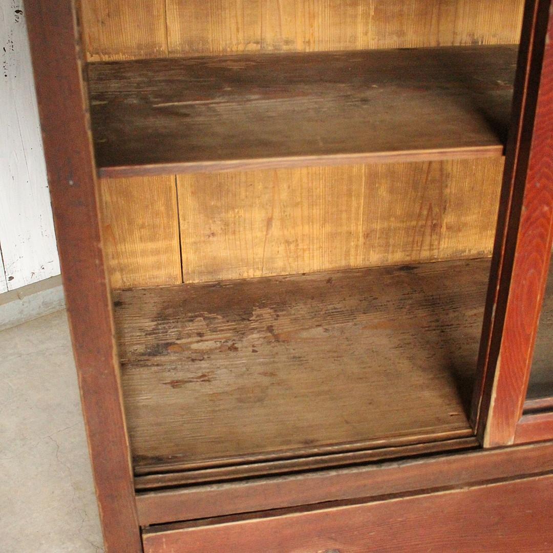 古く味のあるガラス戸棚　木製引き出し　食器棚　水屋　カウンター　古家具