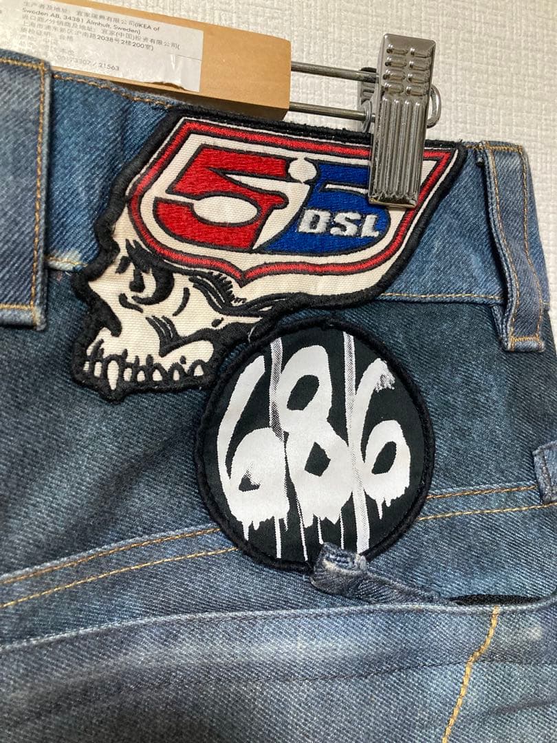 686 55 diesel コラボ　ダメージ加工　スノーボードパンツ　デニム