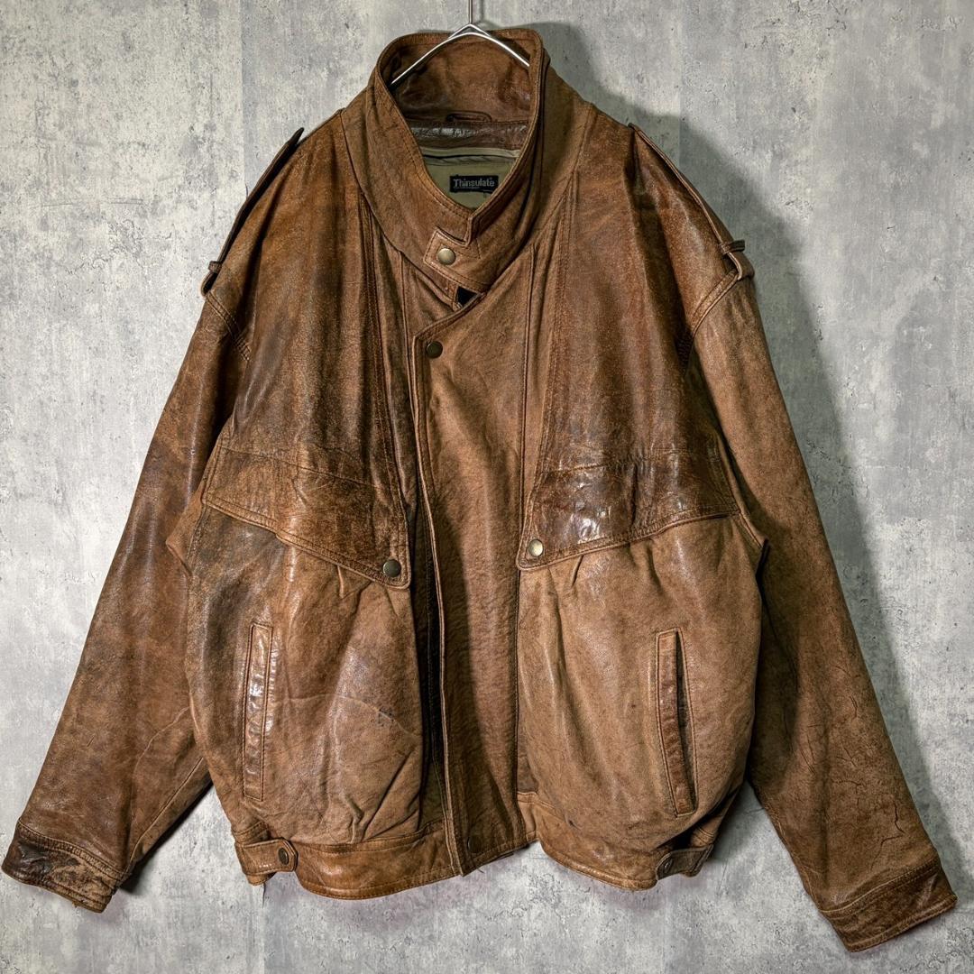 ヴィンテージ レザー ジャケット 短丈 ライナー 茶 ヘビーウェイト 本革