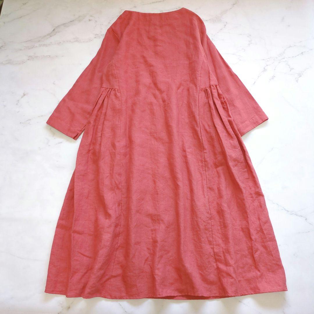 洗える イチアンティークス 麻100％ ロングワンピース ギャザー ノーカラー
