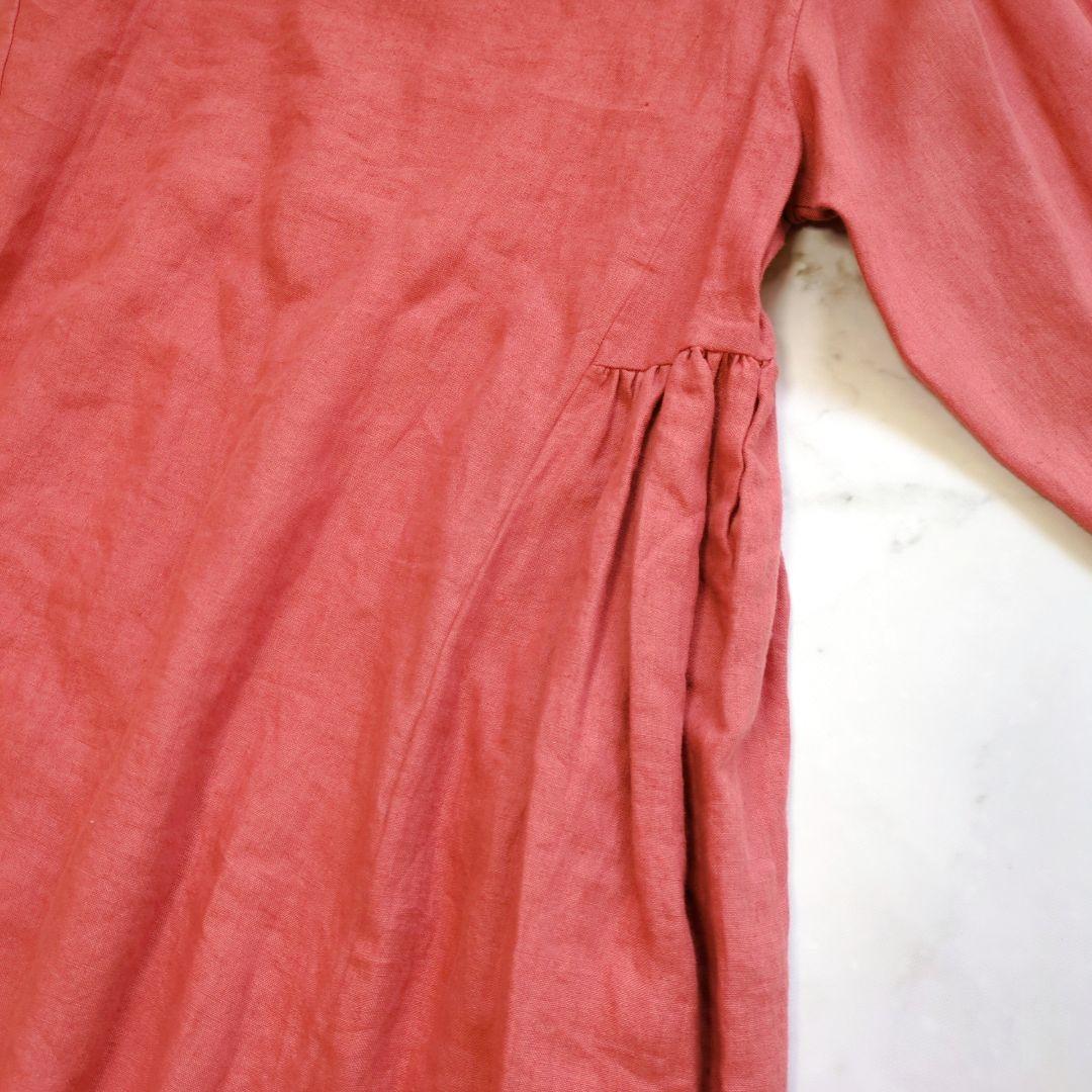 洗える イチアンティークス 麻100％ ロングワンピース ギャザー ノーカラー