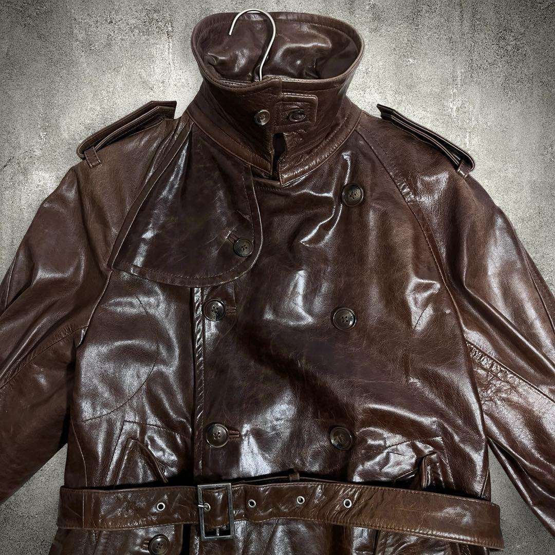 ラムレザー トレンチコート ミドル丈 ベルト付き 本革 M ブラウン 美品