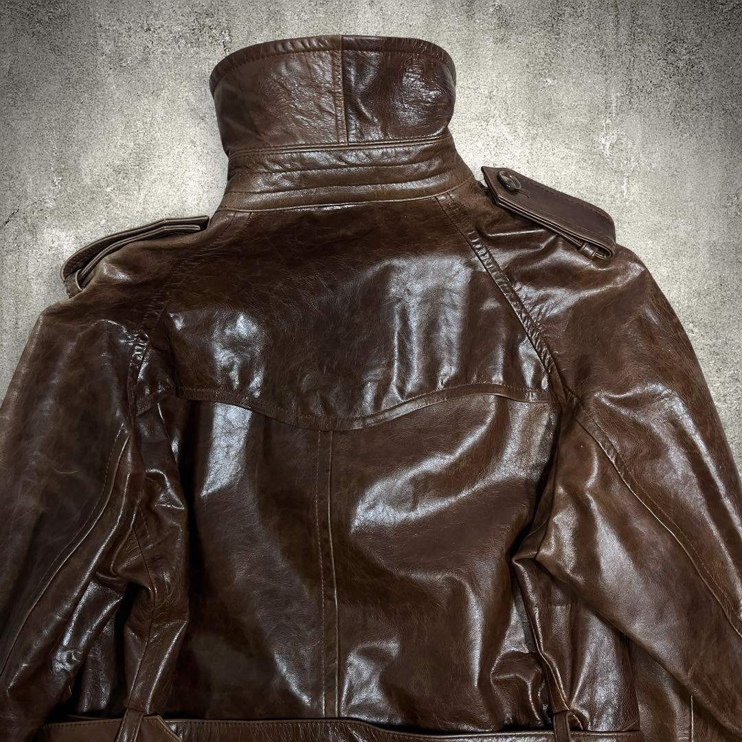 ラムレザー トレンチコート ミドル丈 ベルト付き 本革 M ブラウン 美品