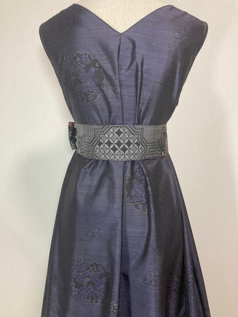 着物リメイク　大島紬裾切り替えロングフレアワンピース（後ろVネック）着丈125㎝