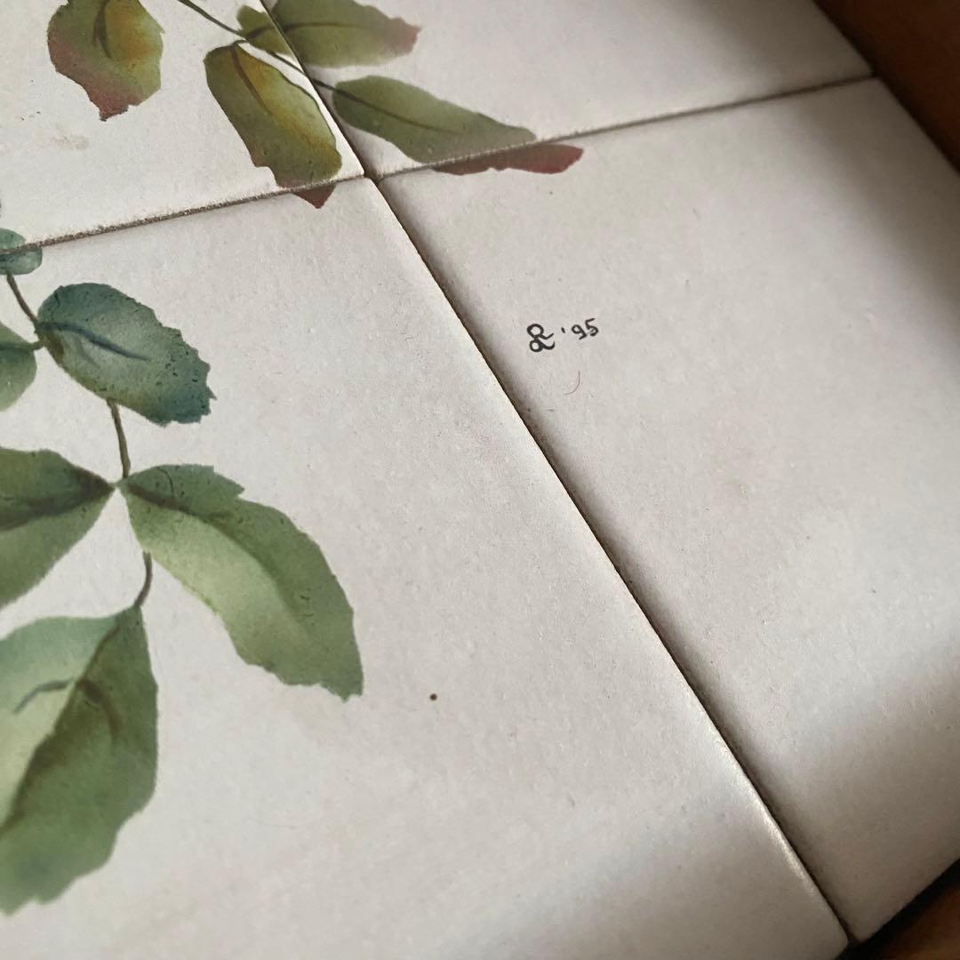 アンティーク　木製トレイ　タイル　花柄　お盆　ヴィンテージ　レトロ