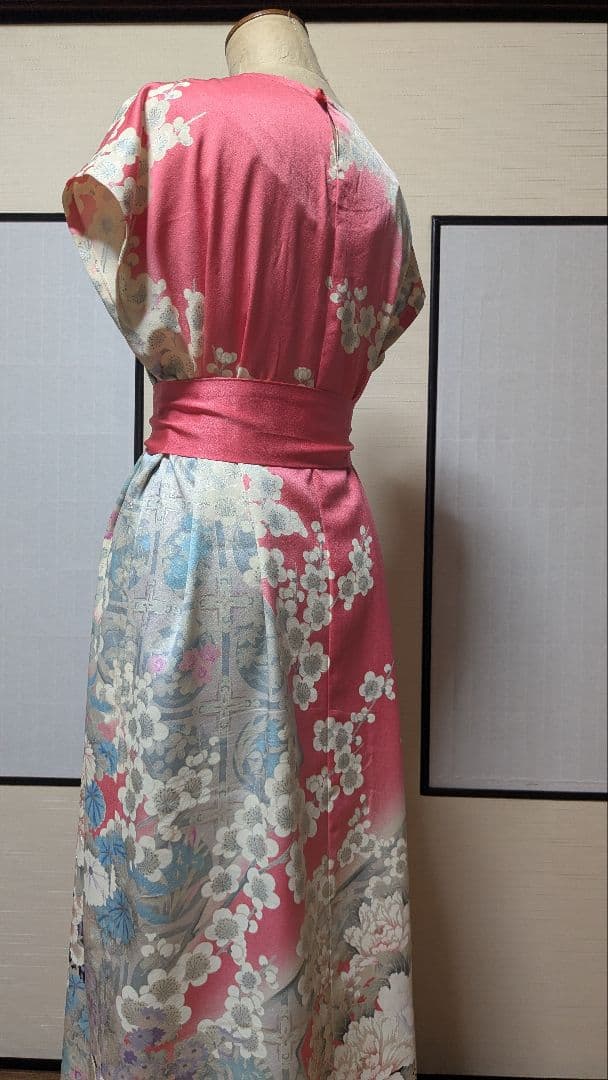 着物リメイク　振袖ピンク　バックループ　ロングワンピース　チュニック