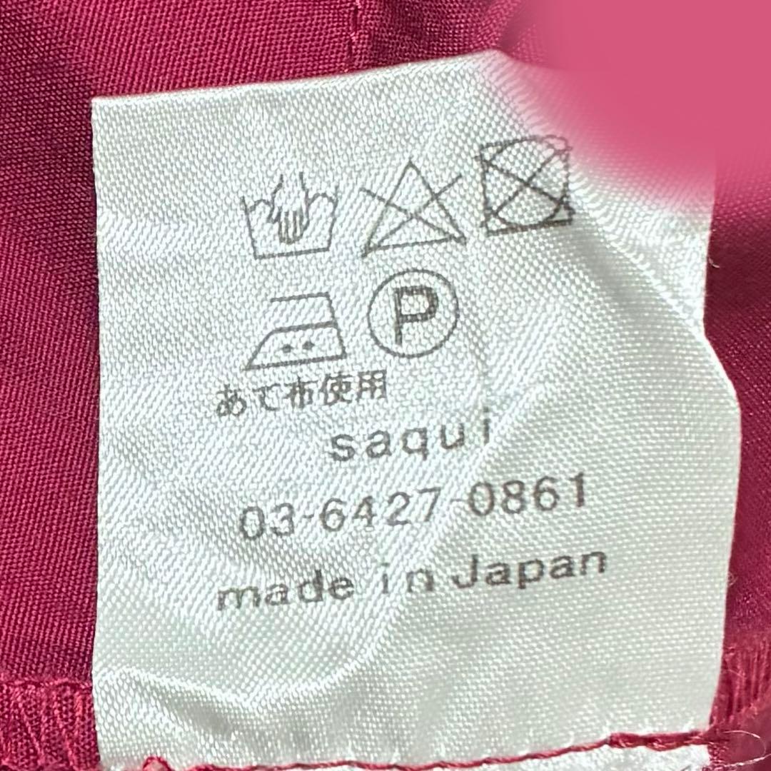 美品 SAQUI コットンタイプライター Vネック ワンピース ボルドー 五分袖