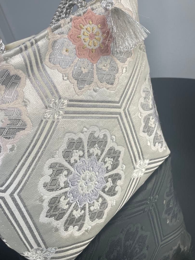 帯リメイクバッグ　二重箔織佐賀錦　花亀甲文様②トートバッグ Mサイズ 和装バッグ