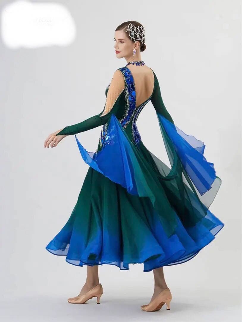 新品　社交ダンスドレス　ラインストーン付き　グリーン、ゴールド&ブルーM〜L