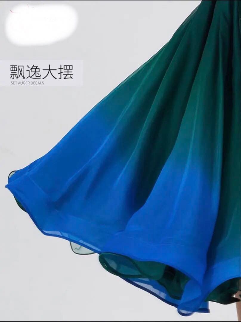 新品　社交ダンスドレス　ラインストーン付き　グリーン、ゴールド&ブルーM〜L