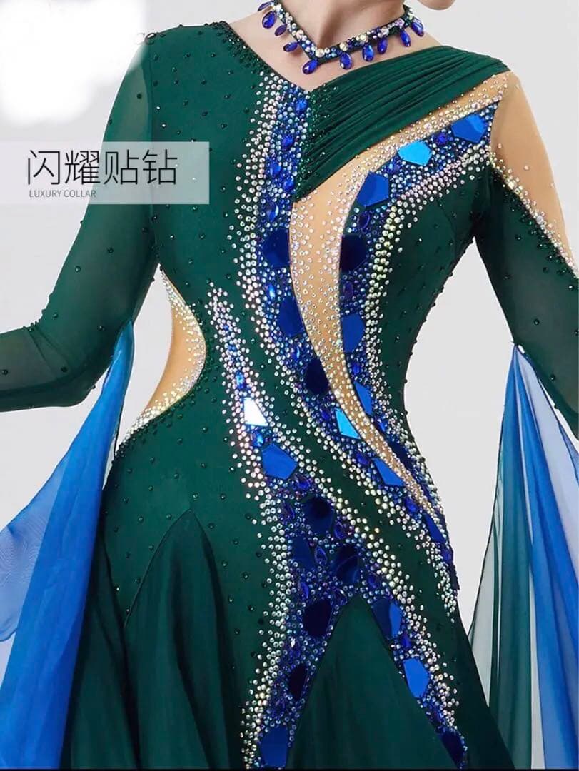 新品　社交ダンスドレス　ラインストーン付き　グリーン、ゴールド&ブルーM〜L