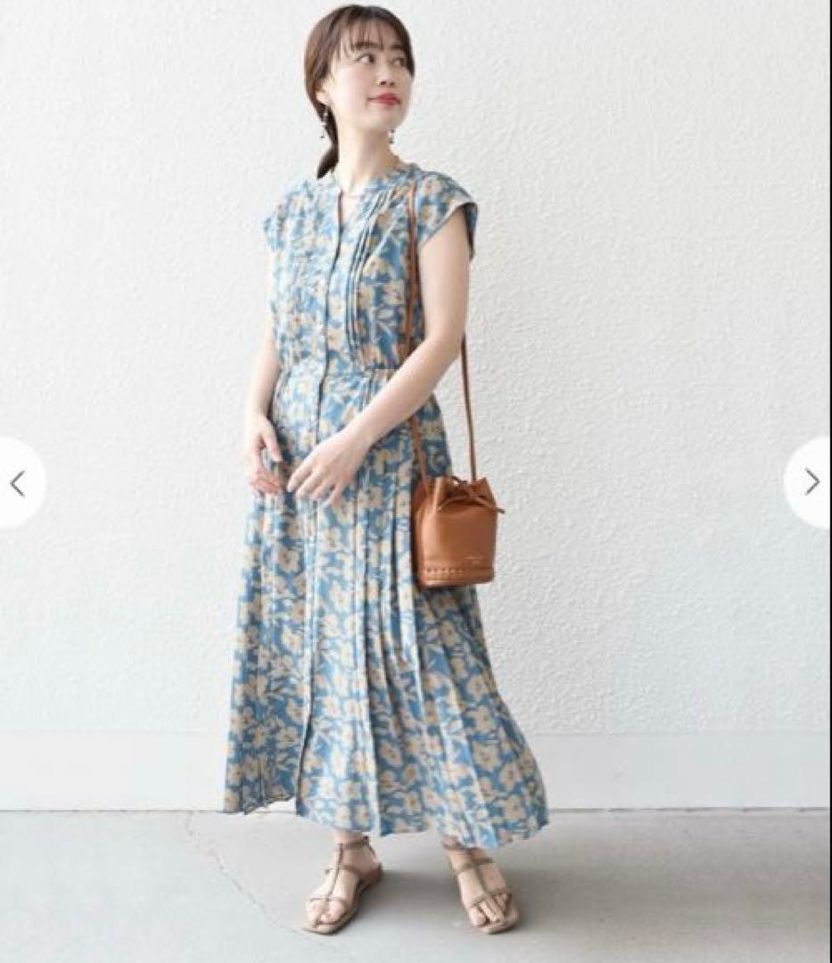 SHIPS ドット花柄サイドプリーツフレンチスリーブ ワンピース Mサイズ