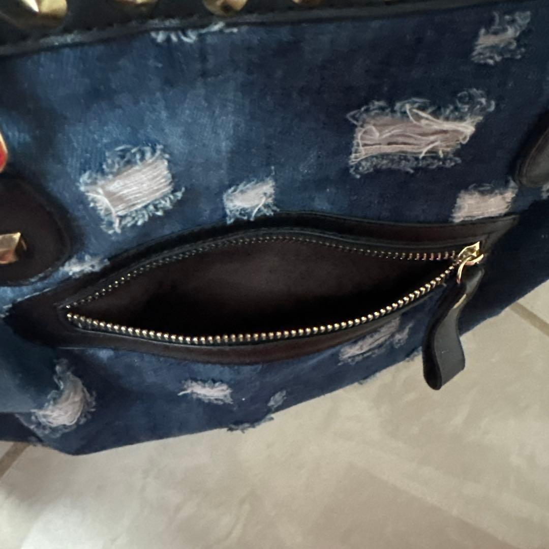 美品 デニムブルー 刺繍パッチ 2wayバッグ