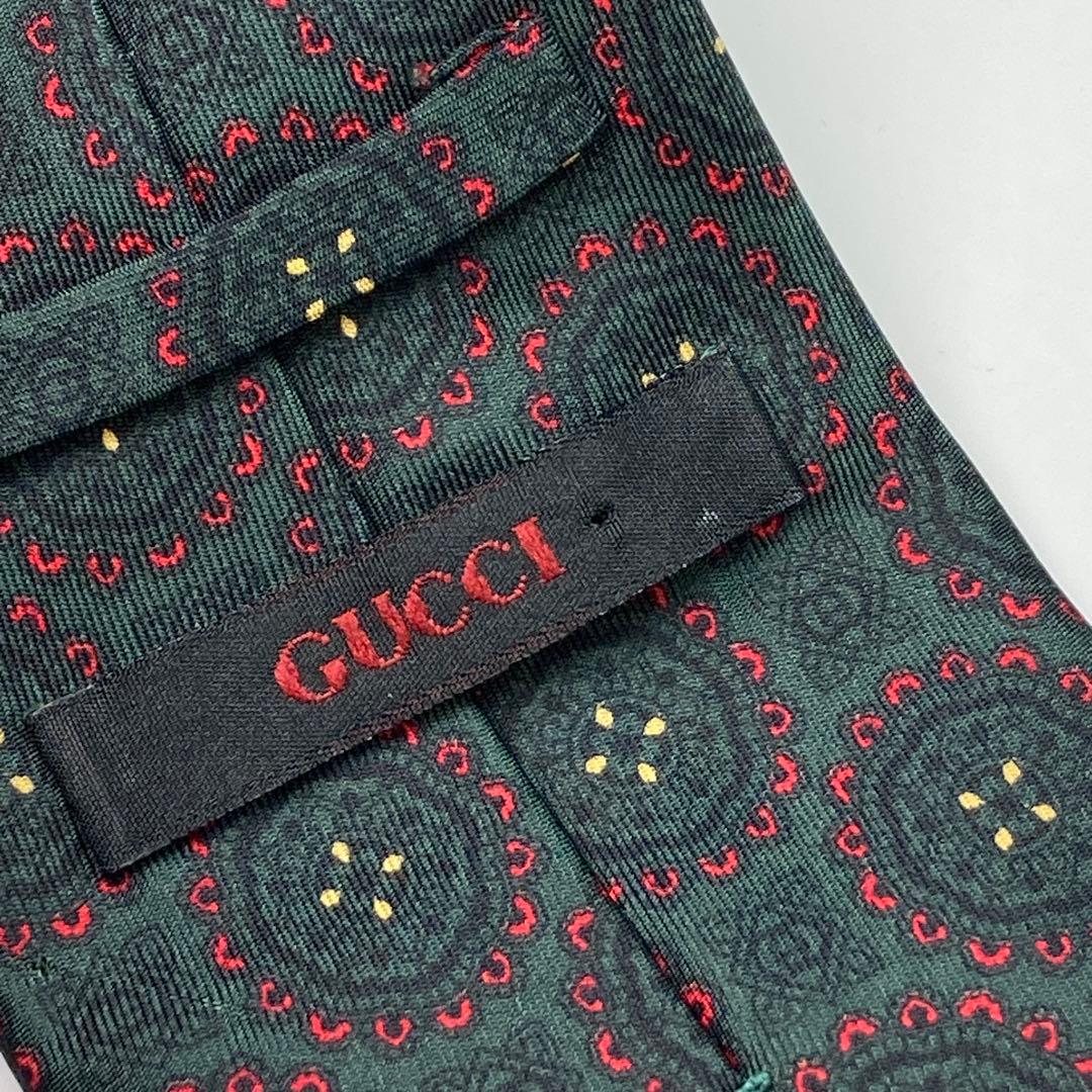 GUCCI グッチ　ネクタイ　シルク　モスグリーン　総柄　イタリア製