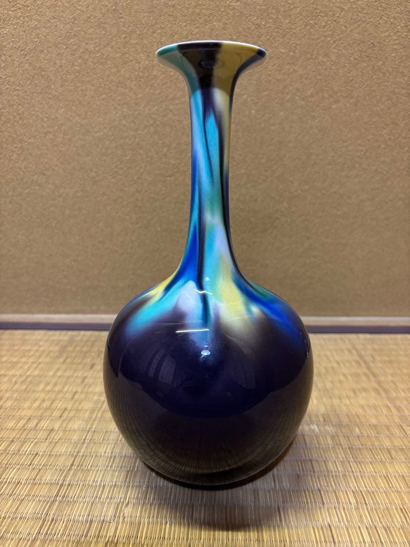 人間国宝　三代徳田八十吉　(正彦) 彩釉花入　花瓶　九谷焼　高さ26.5cm