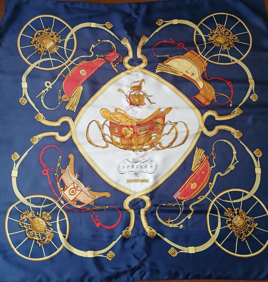 ら*る様 HERMES 大判スカーフ 馬具デザイン ネイビー