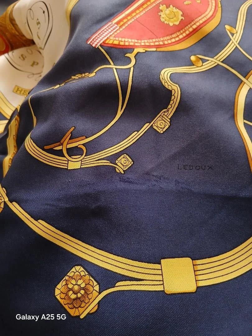 ら*る様 HERMES 大判スカーフ 馬具デザイン ネイビー