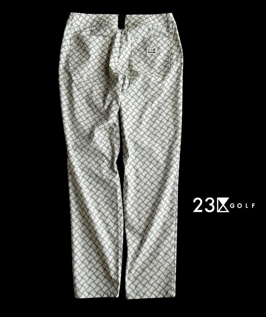 新品タグ付 23区ゴルフ 定価2.4万 総柄ロゴ ストレッチ美脚パンツ白✕緑