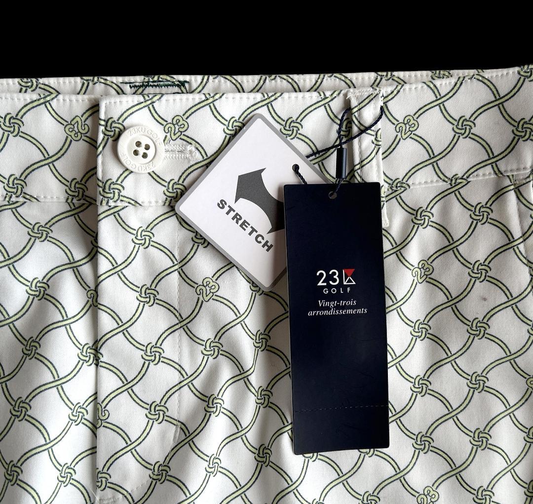 新品タグ付 23区ゴルフ 定価2.4万 総柄ロゴ ストレッチ美脚パンツ白✕緑