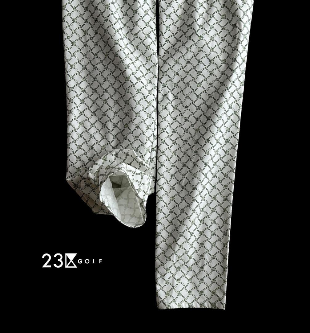 新品タグ付 23区ゴルフ 定価2.4万 総柄ロゴ ストレッチ美脚パンツ白✕緑