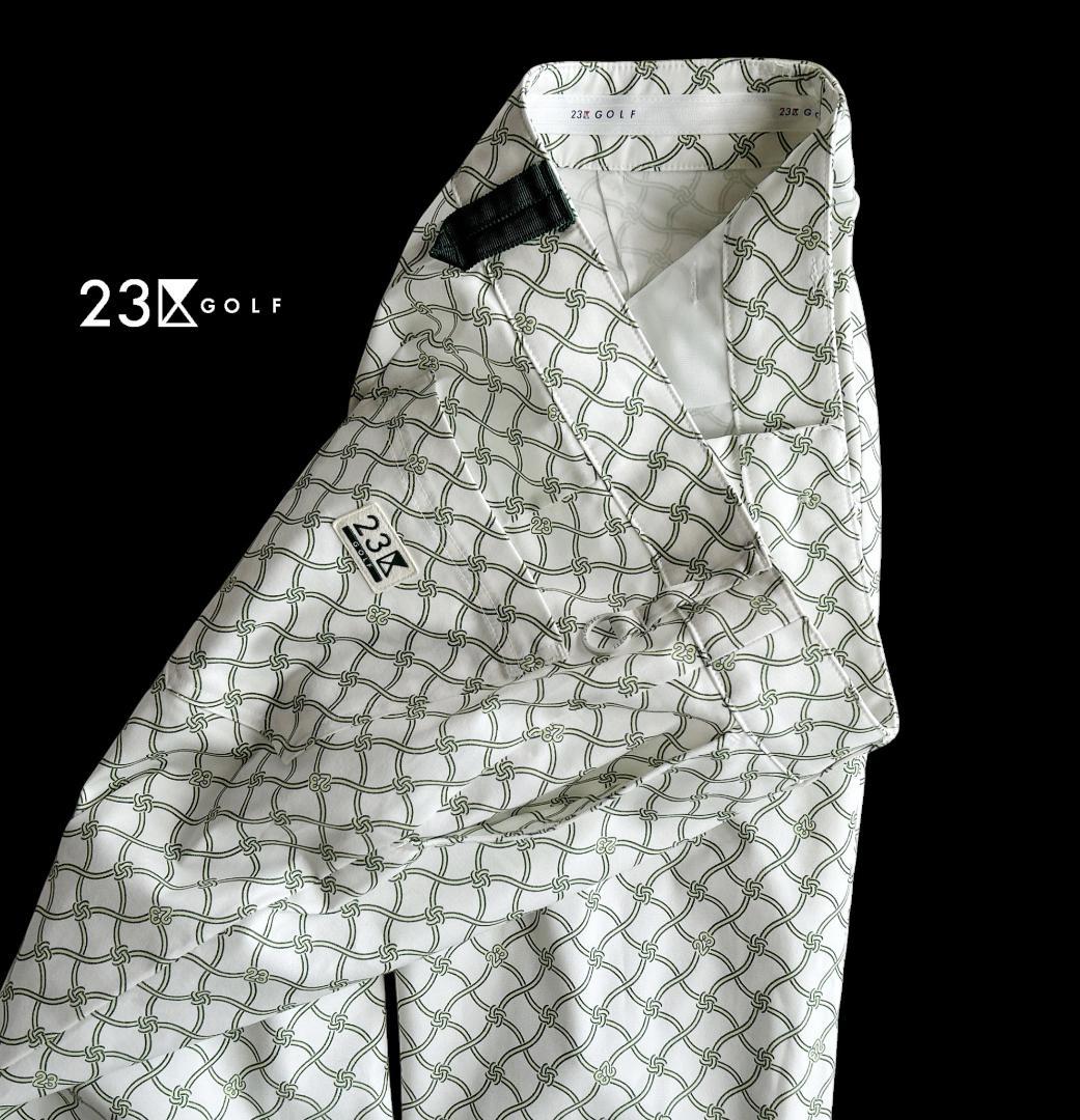 新品タグ付 23区ゴルフ 定価2.4万 総柄ロゴ ストレッチ美脚パンツ白✕緑