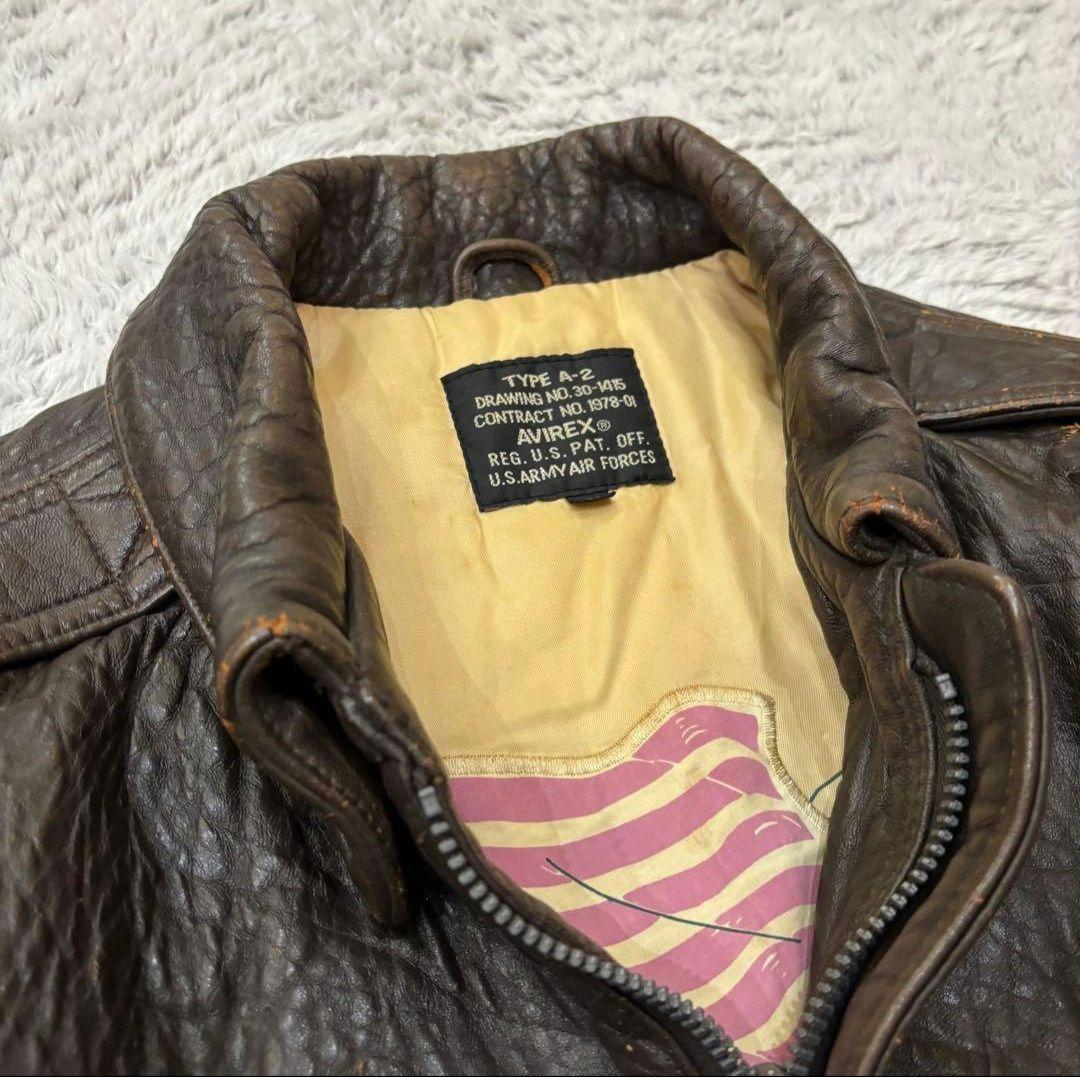 【AVIREX】 A-2 フライトジャケット　ラムレザー　刺繍　短丈　90s M