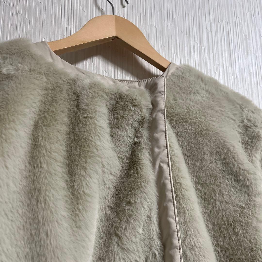 美品　ミラオーウェン　エコファーリバーシブル ノーカラー キルティング　コート