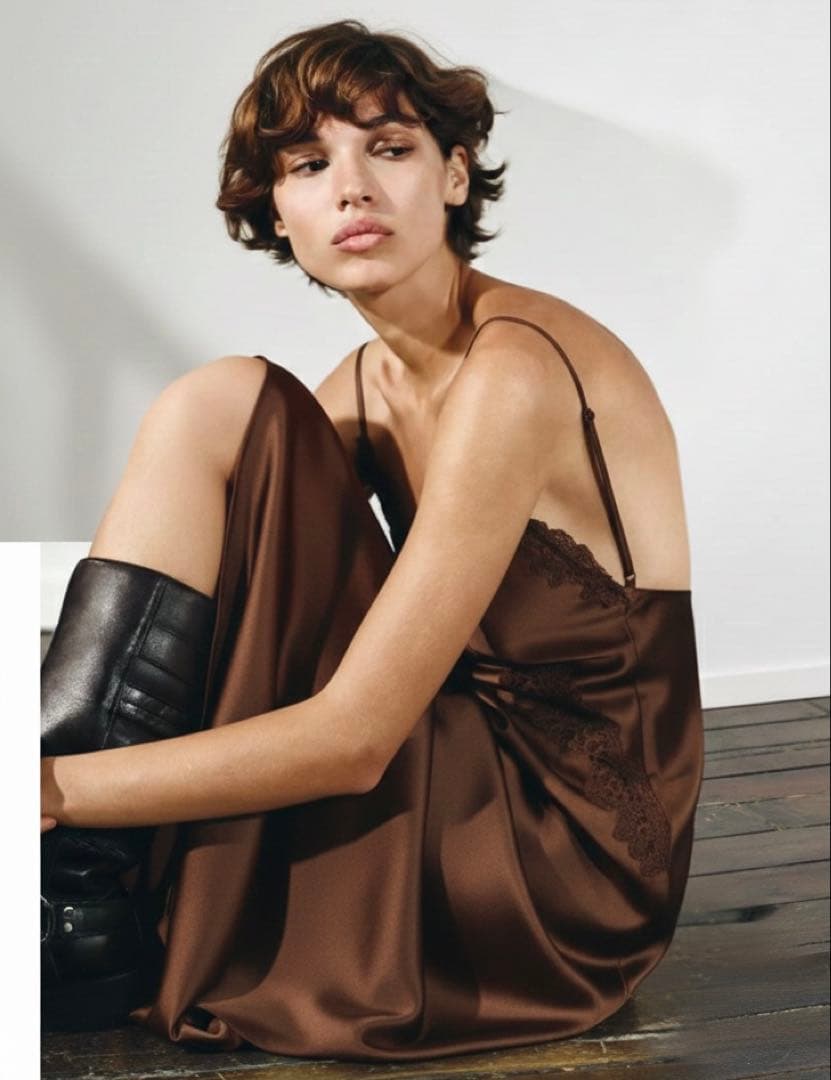 レースディテール サテン地 ミディ丈 ワンピース ZARA ブラウン 茶色