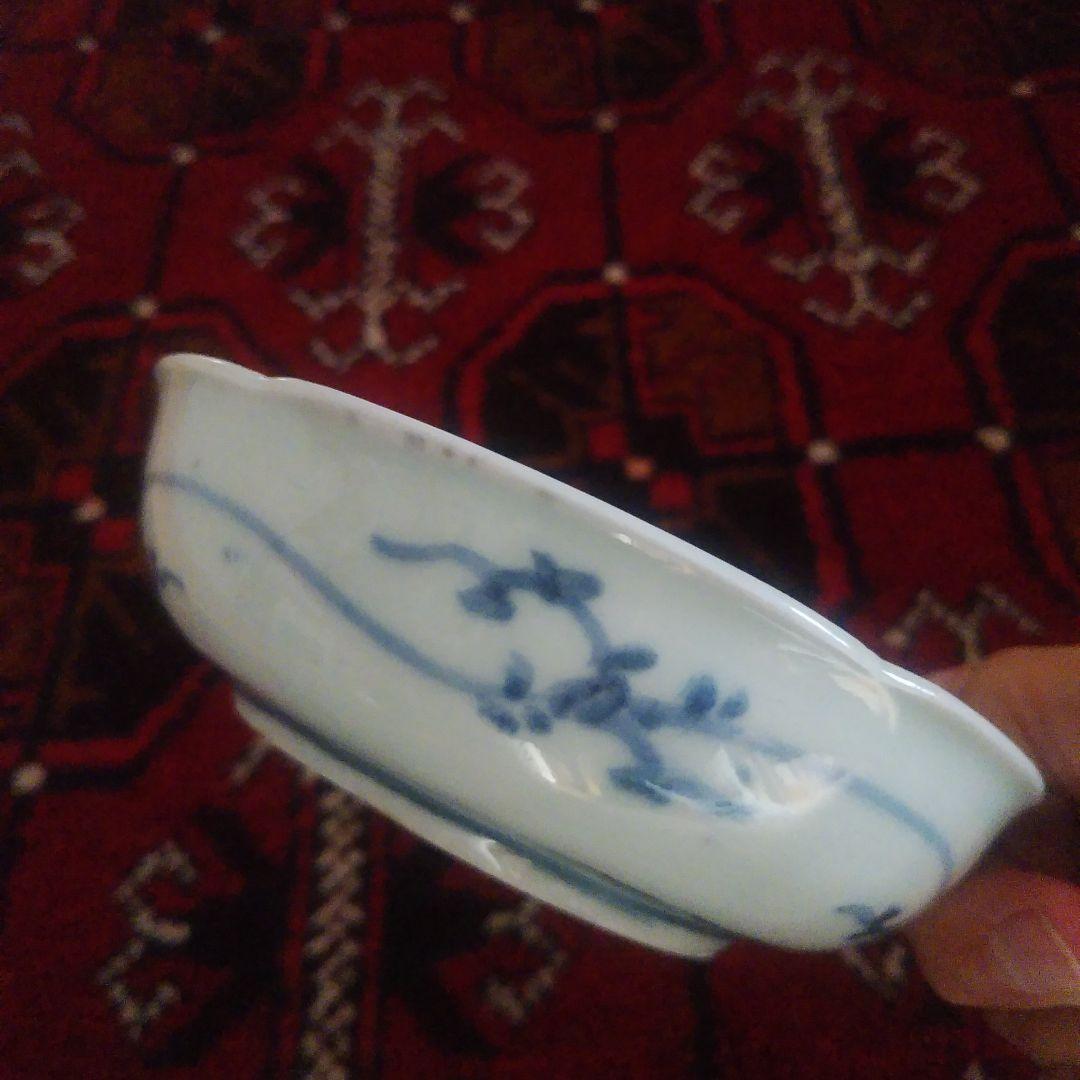 珍品 古伊万里 染付 花唐草文輪花皿 なます皿 二重角渦福 アンティーク