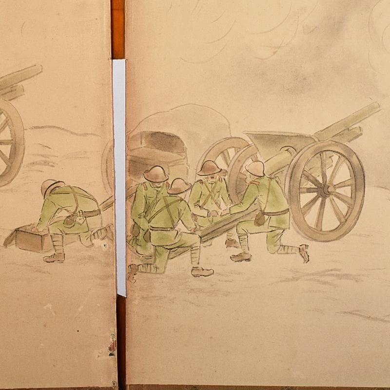 書画　支那事変　野砲戦図　小屏風　衝立　M　R7573B