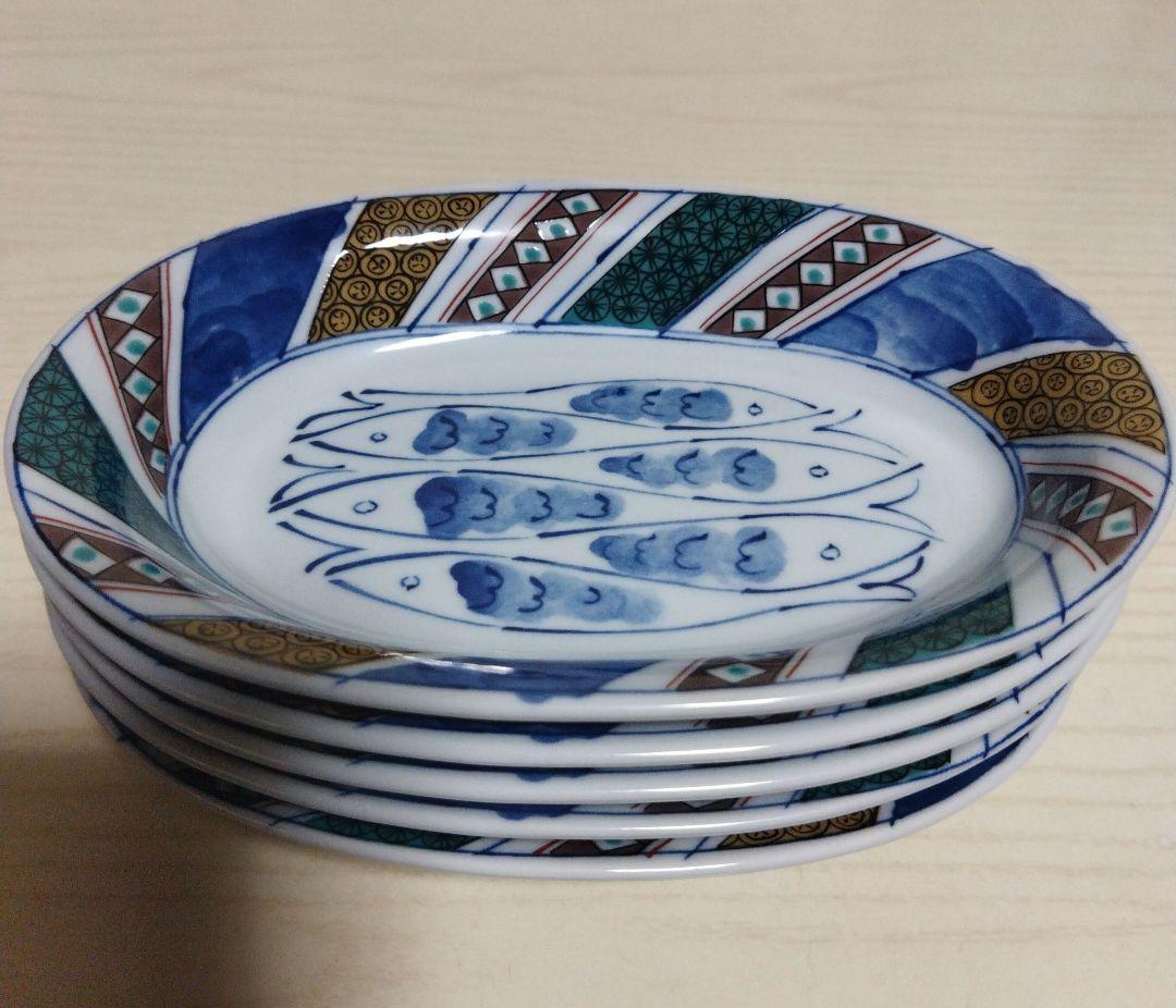 九谷焼 青郊窯 魚紋 楕円皿 6号 5枚セット 小判皿 新品未使用