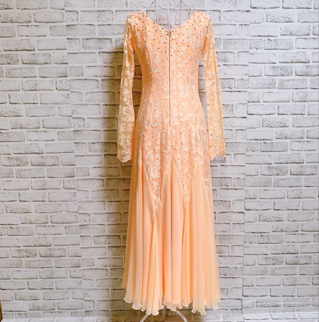社交ダンス衣装　花柄レース　ラインストーン　オレンジ系　ドレス