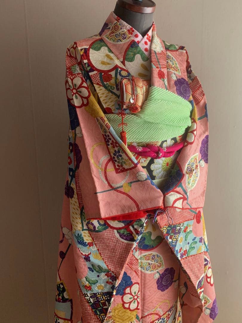 【商談中】ジュニア　子供　着物　/ 扇子　流水文様　梅　橘