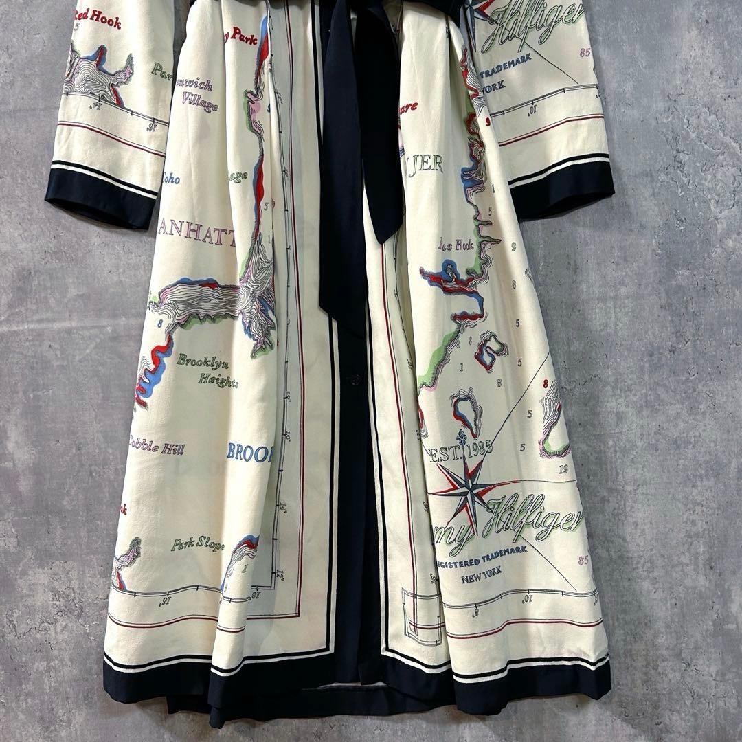 美品トミーヒルフィガーマップ柄スカーフミディシャツワンピース柔らかなシルエットS