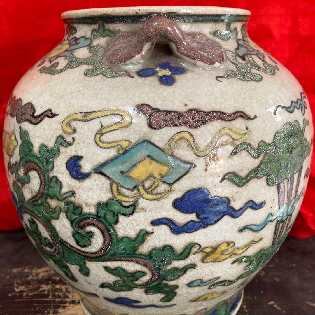 中国　色絵　三耳壺　鳳凰図