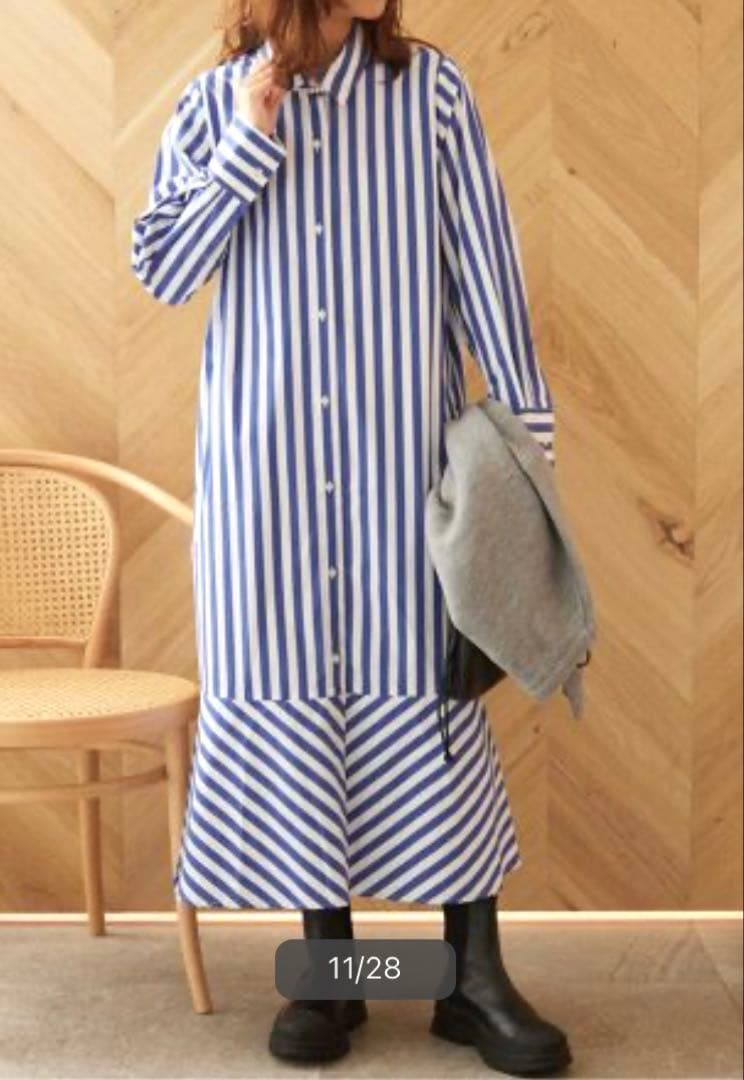 美品 ジャーナルスタンダードレリューム ビッグストライプシャツワンピース ブルー