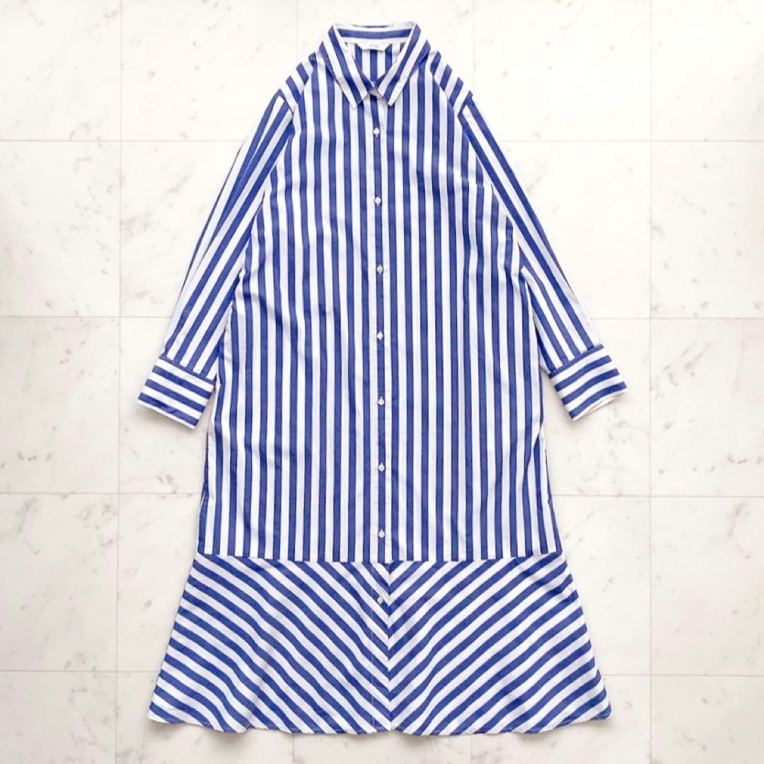 美品 ジャーナルスタンダードレリューム ビッグストライプシャツワンピース ブルー