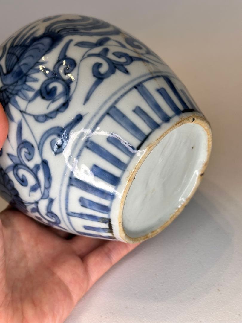 中国明代 染付 鳳凰文 小壺 古陶磁 時代物 口縁に傷あり 骨董品 アンティーク