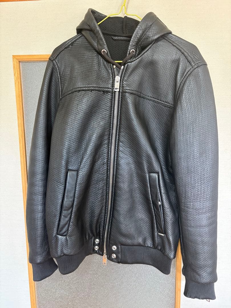 DIESEL フード付きブラックレザージャケット