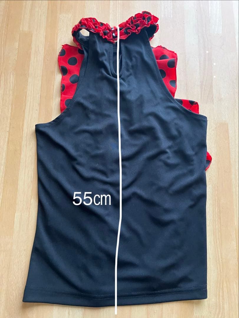 フラメンコ衣装　フリル付きトップス セット　黒　赤　水玉　ドット　華