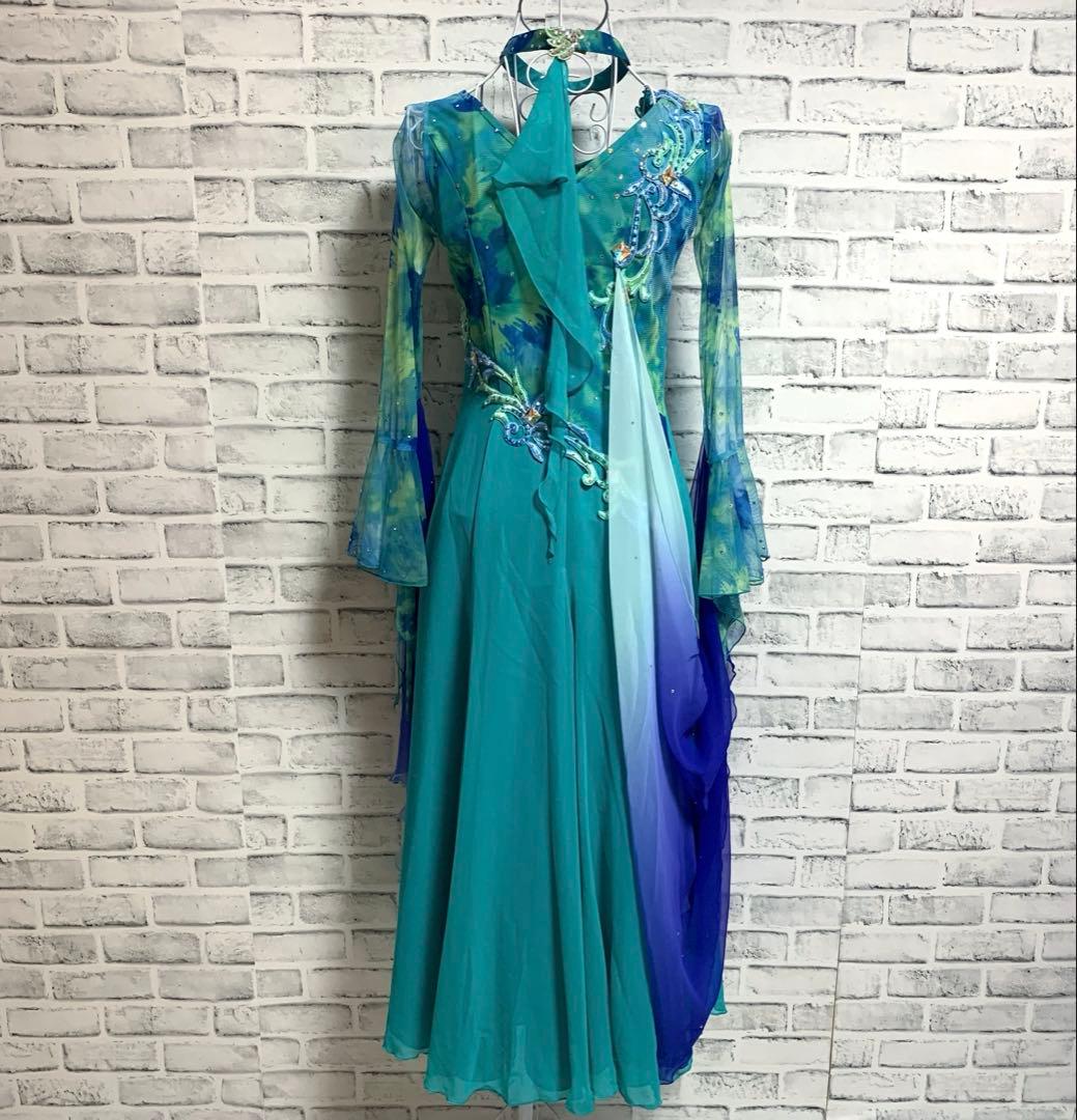 【Sanline】サンリーヌ　社交ダンス　ブルー　グリーン　ドレス