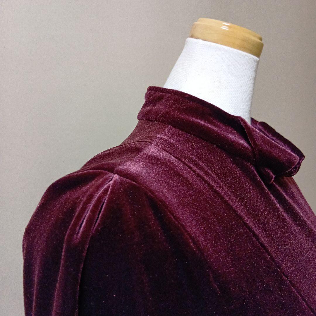 バーガンディ ベルベット ドレス 長袖