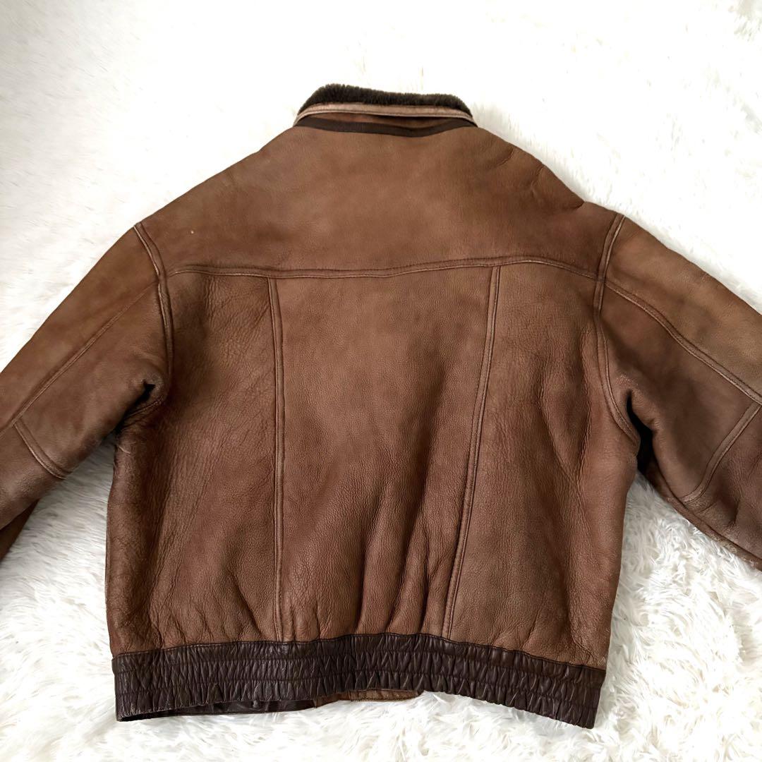 美品☆ムートン 羊革 レザージャケット 裏ボア 本革 ブラウン メンズL〜XL
