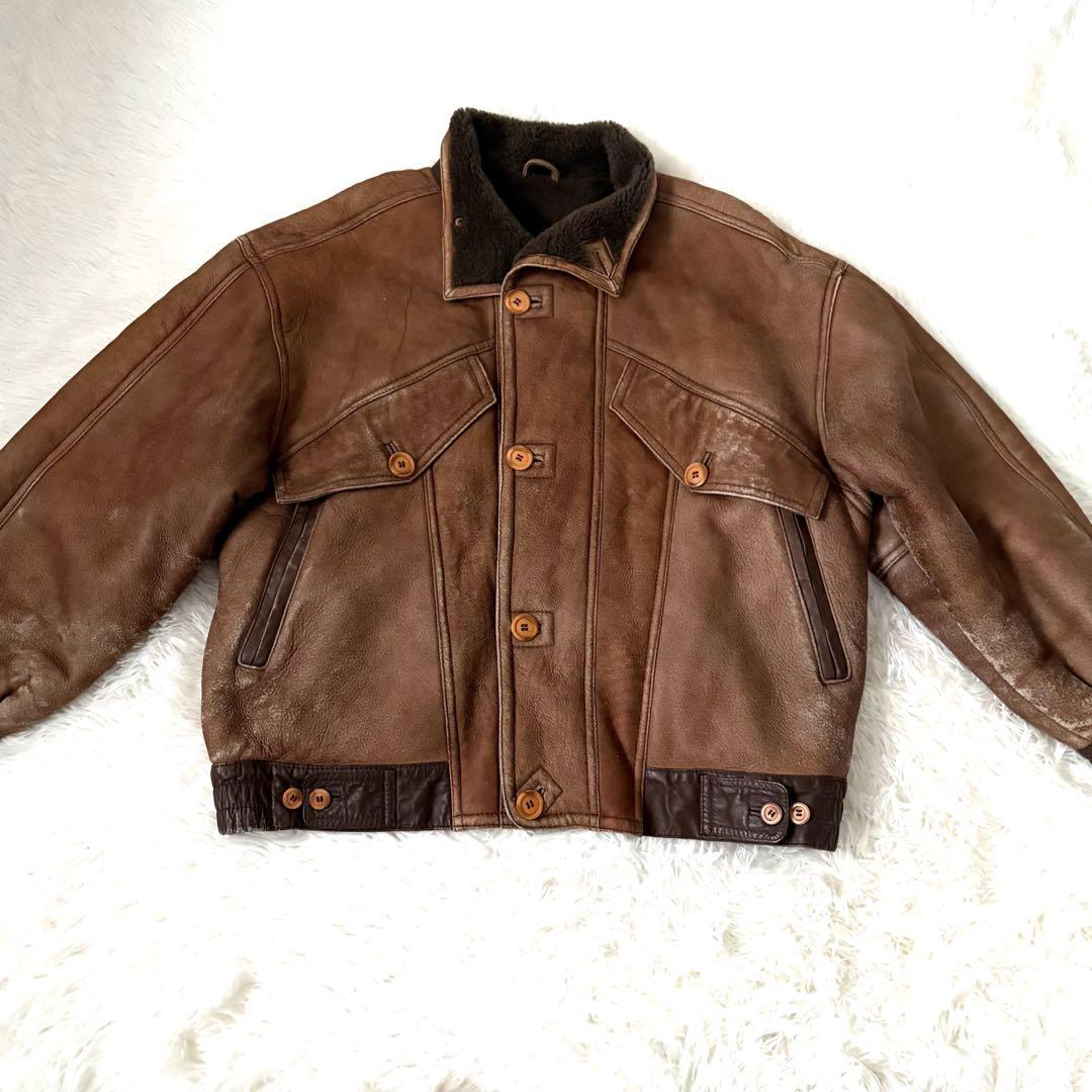美品☆ムートン 羊革 レザージャケット 裏ボア 本革 ブラウン メンズL〜XL