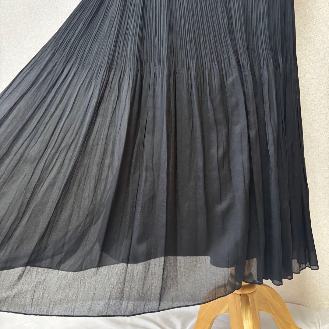 レリアン シルク混ロングワンピース ビジュー ギャザー フレア 黒 大きいサイズ