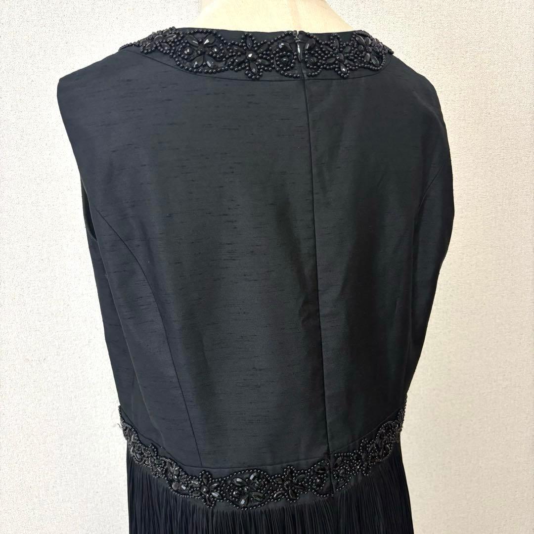 レリアン シルク混ロングワンピース ビジュー ギャザー フレア 黒 大きいサイズ